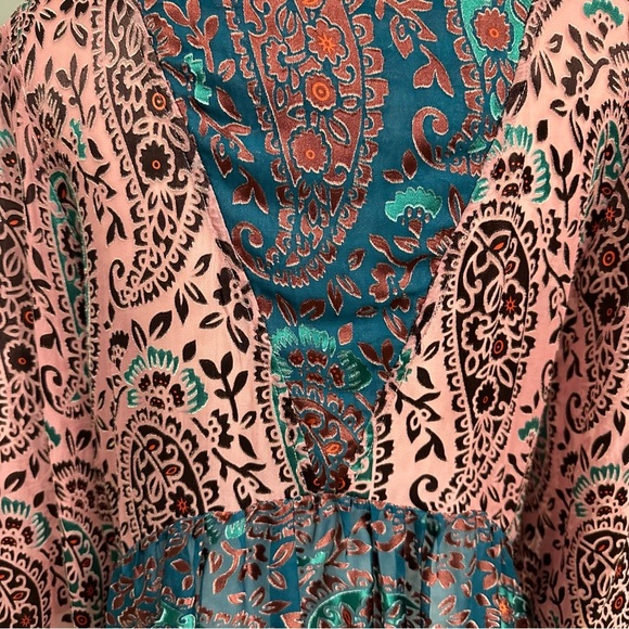 Anthropologie Floreat Velvet Burnout Blouse Small Purple Teal Boho Silk Blend - Picture 8 of 9